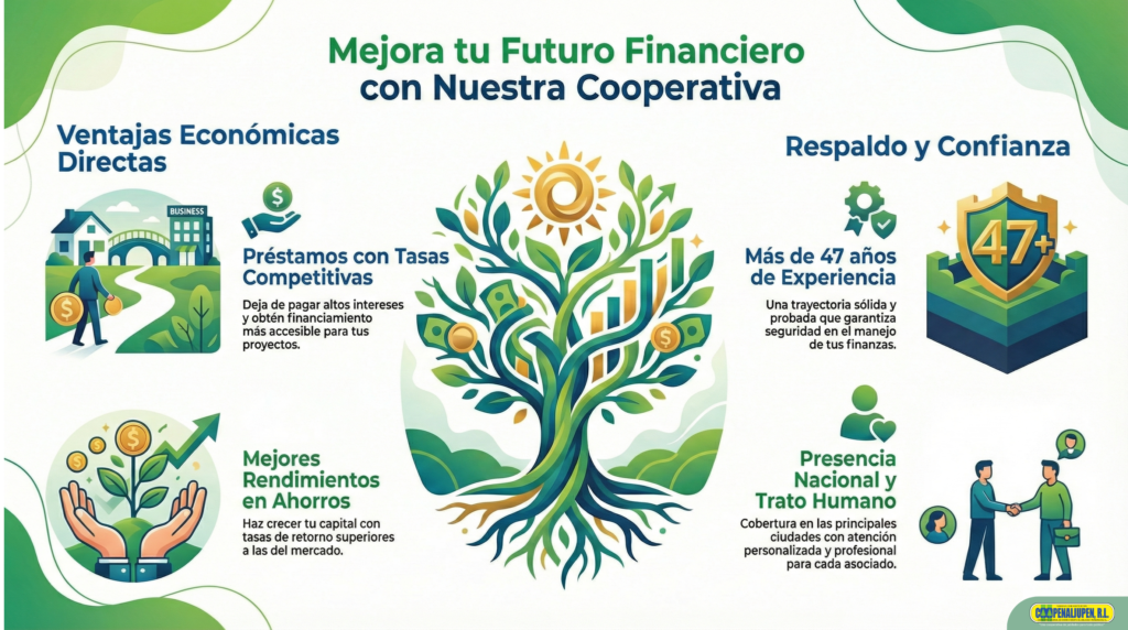 Imagen de ventajas económicas de COOPENALJUPEN tu cooperativa de ahorro y crédito, muestra los beneficios de respaldo y confianza